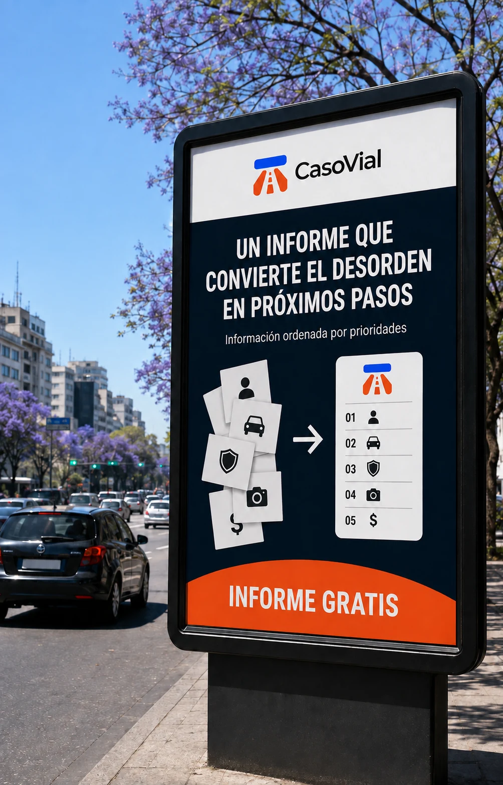 Cartel de CasoVial en una avenida que muestra cómo el informe convierte información desordenada en próximos pasos